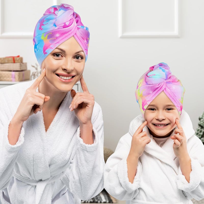 Basumee Microfiber Hair Towel Wrap for Kids 2 Pack Rapid Drying Hair Towel with Button Hair Turbans for Wet Hair Wraps Head Towel Wrap for Women and Girls, Colorful Unicorn - Image 3
